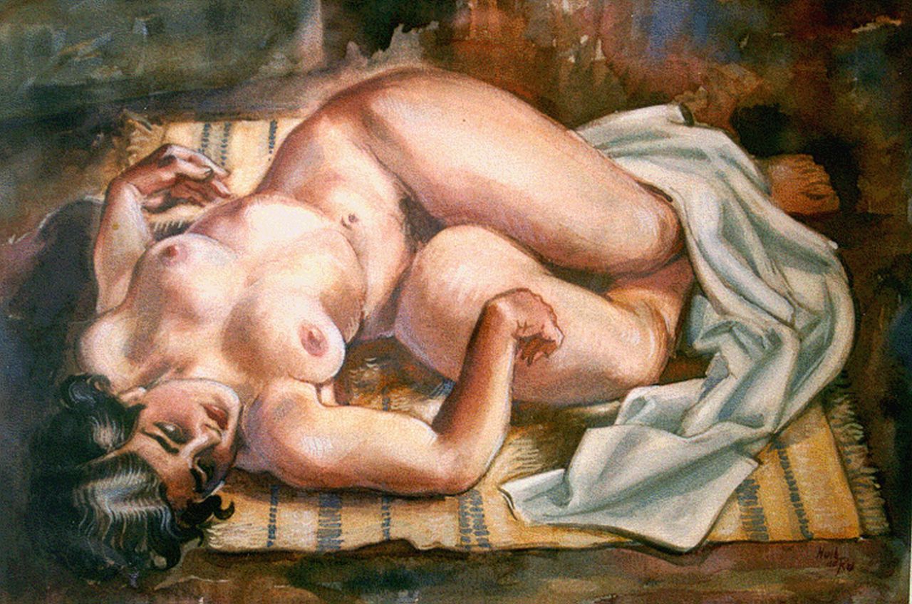 Ru H.B.W. de | Huibert Bernardus Wilhelmus 'Huib' de Ru, A reclining nude, watercolour on paper 31.5 x 46.0 cm, signed l.r.