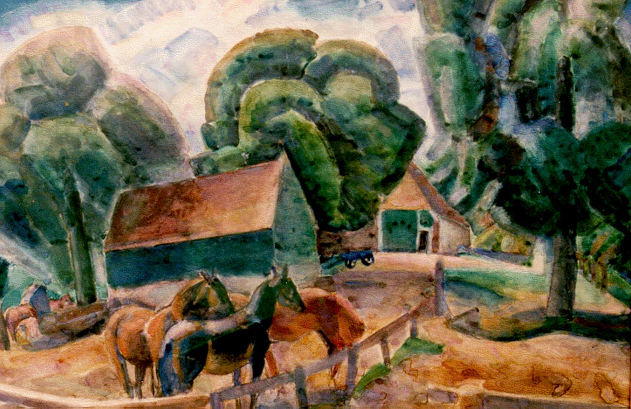 Gestel L.  | Leendert 'Leo' Gestel, Horses by a farm, watercolour on paper 70.0 x 95.5 cm, signed l.r. and dated 1922