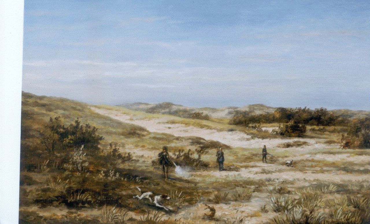 Hulk H.  | Hendrik Hulk, Jagers schieten een konijn in de duinen, oil on canvas 30.7 x 45.8 cm, gesigneerd rechtsonder