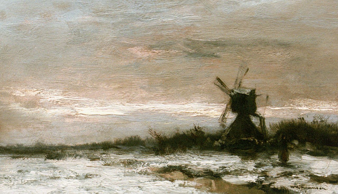 Jansen W.G.F.  | 'Willem' George Frederik Jansen, A windmill in a snow-covered polder landscape, oil on painter's board 20.6 x 34.5 cm, signed l.r.