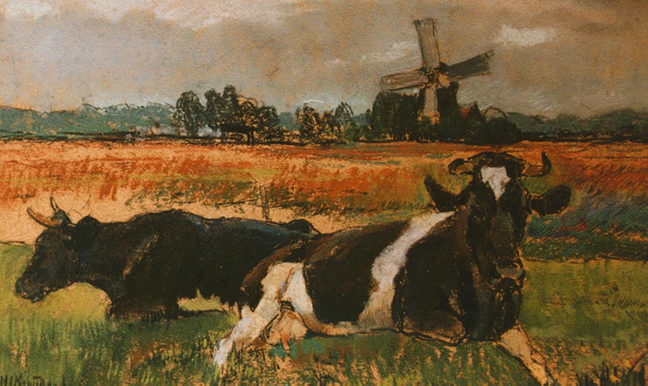Kruyder H.J.  | 'Herman' Justus Kruyder, Cows in a meadow, pastel on painter's board 20.9 x 33.4 cm, signed l.l. and dated '12