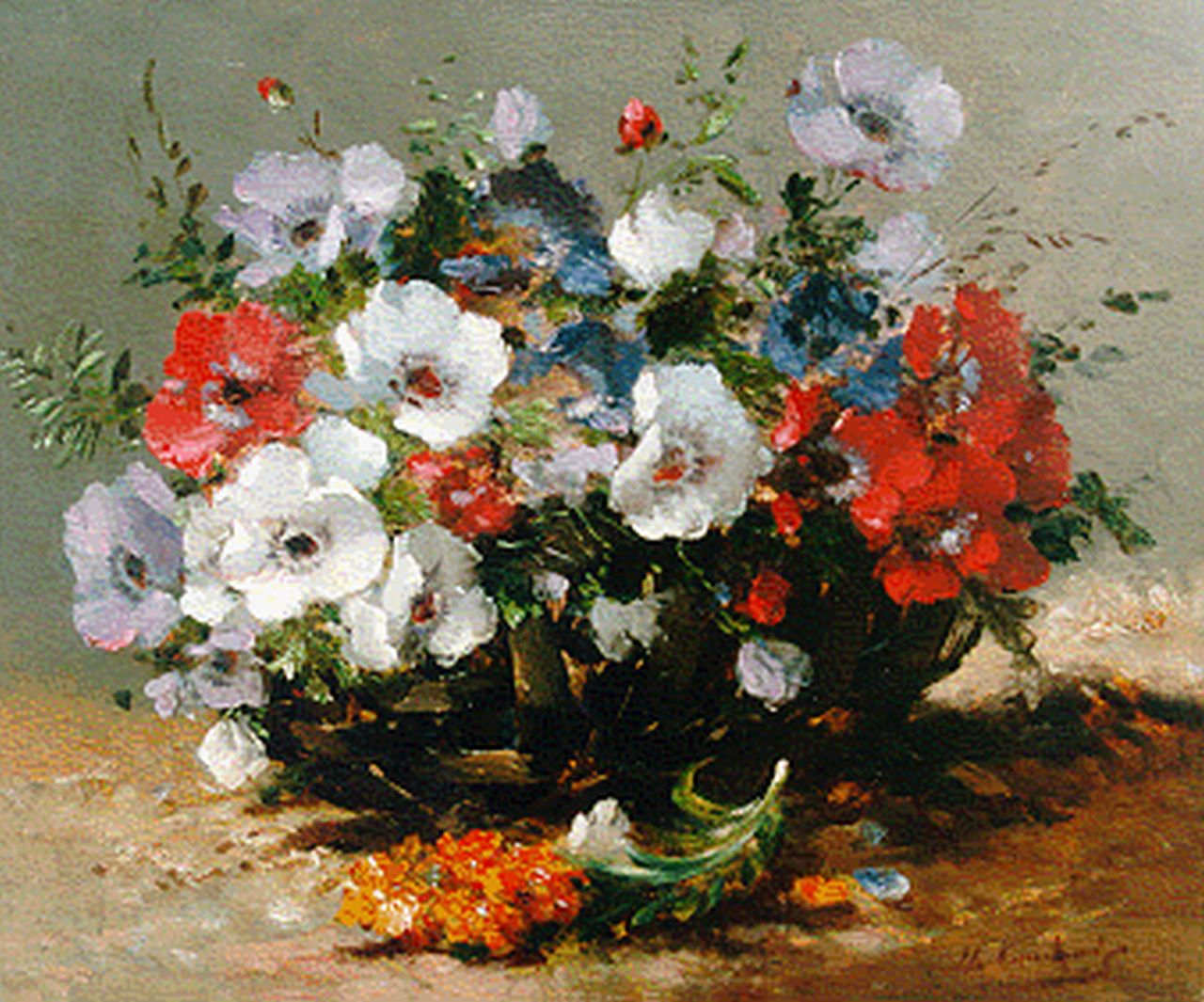 Cauchois E.H.  | Eugène-Henri Cauchois, Anemones in a basket, oil on canvas 37.7 x 46.2 cm, signed l.r.