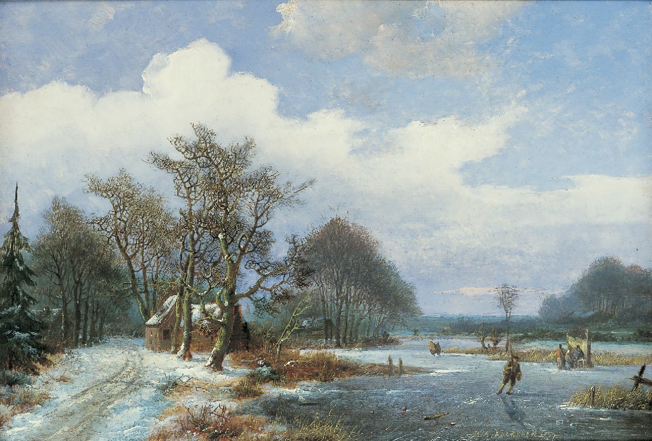 Koekkoek I M.A.  | Marinus Adrianus Koekkoek I, Skaters on a frozen waterway, oil on panel 23.8 x 35.1 cm, signed l.r. and dated 1859