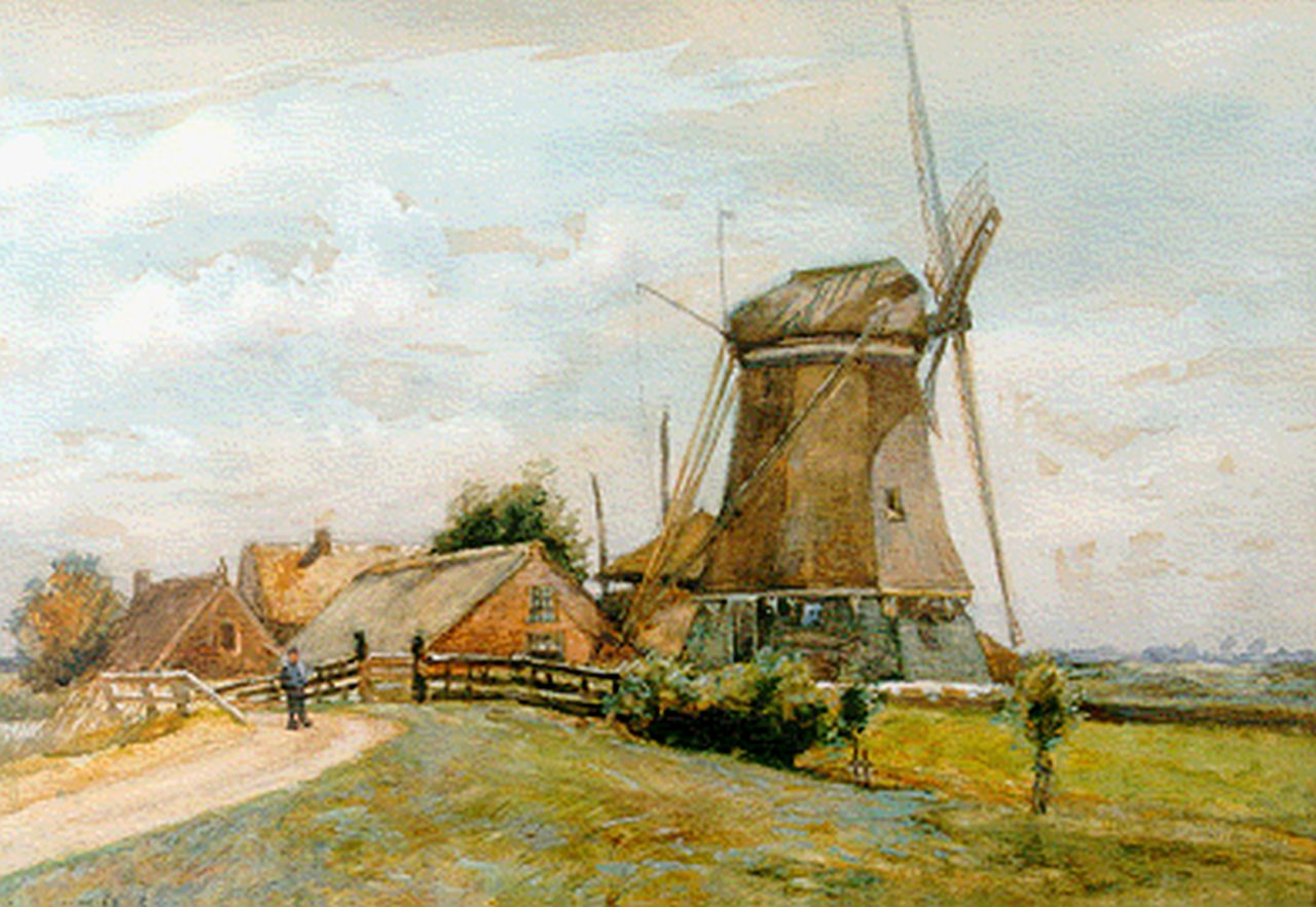 Koekkoek G.J.  | Gerardus Johannes 'Gerard' Koekkoek, A windmill in a polder landscape, watercolour on paper 34.0 x 48.0 cm, signed l.l. and dated 1901