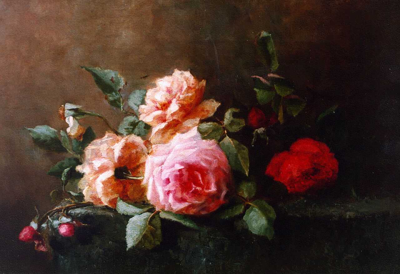 Ruwe L.  | Ruwe, Roses on a marble ledge, oil on canvas 34.0 x 50.3 cm, signed l.r.