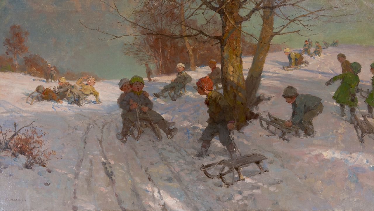Freund F.  | Fritz Freund, Winter fun, oil on canvas 70.6 x 120.3 cm, signed l.l.
