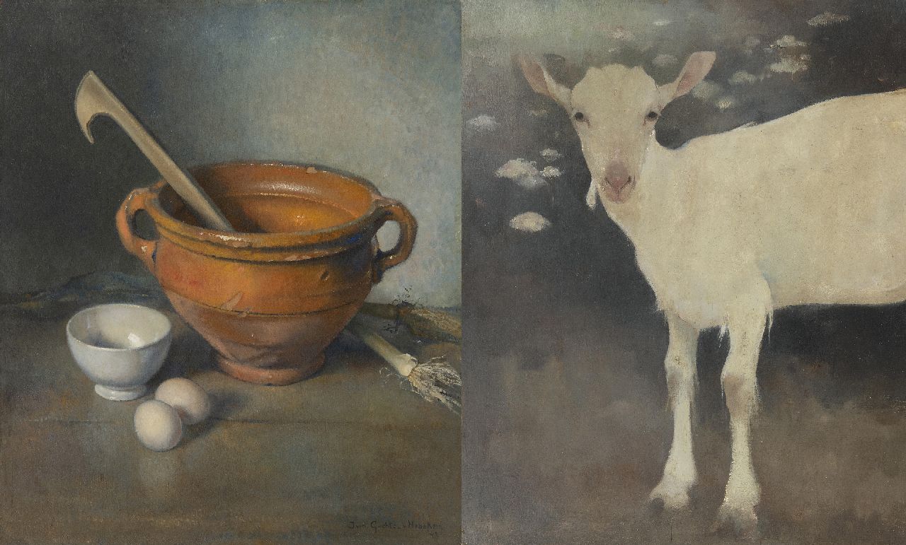 Hoboken J. van | Jacoba 'Jemmy' van Hoboken | Paintings offered for sale | A young goat; A still life with an earthenware bowl, oil on panel 50.2 x 42.7 cm, signed l.r. and dated '42