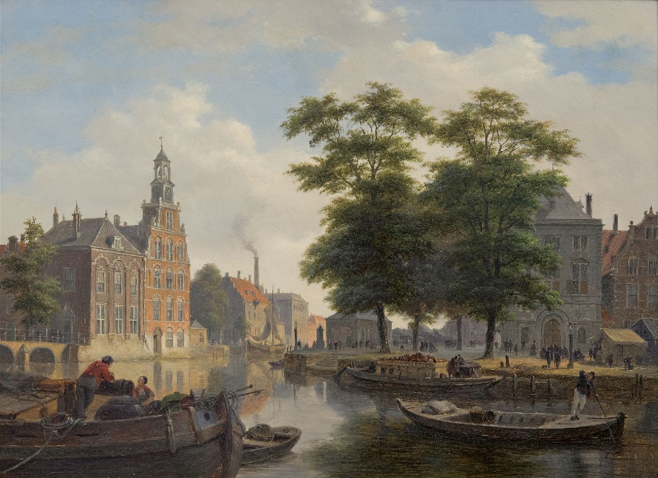 Hove B.J. van | Bartholomeus Johannes 'Bart' van Hove | Paintings offered for sale | A view of a town with townsfolk and shipping on a canal (pendant of A quay and town gate in winter; only as a pair), oil on panel 28.4 x 39.0 cm, signed l.l.