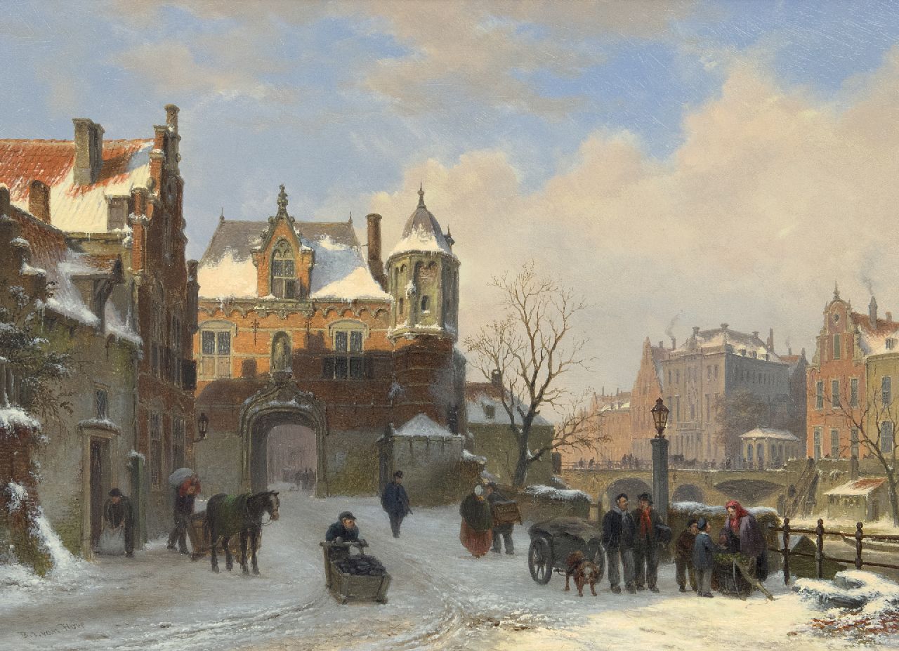 Hove B.J. van | Bartholomeus Johannes 'Bart' van Hove | Paintings offered for sale | A quay and town gate in winter (pendant from A view of a town with townsfolk and shipping on a canal), oil on panel 28.6 x 39.2 cm, signed l.l.