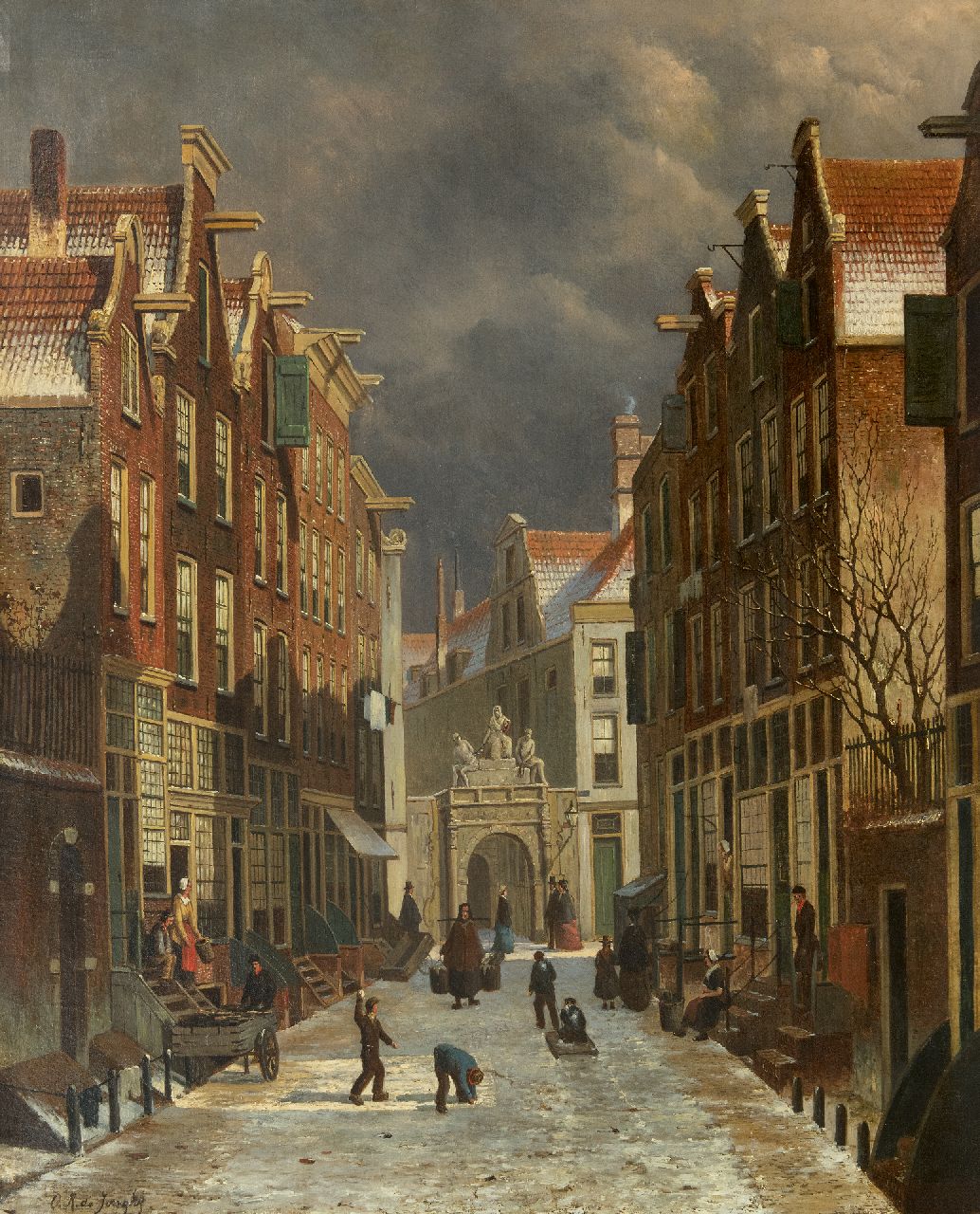 Jongh O.R. de | Oene Romkes de Jongh | Paintings offered for sale | View on the Voetboogstraat with the Rasphuispoort, Amsterdam, oil on canvas 86.8 x 70.4 cm, signed l.l.