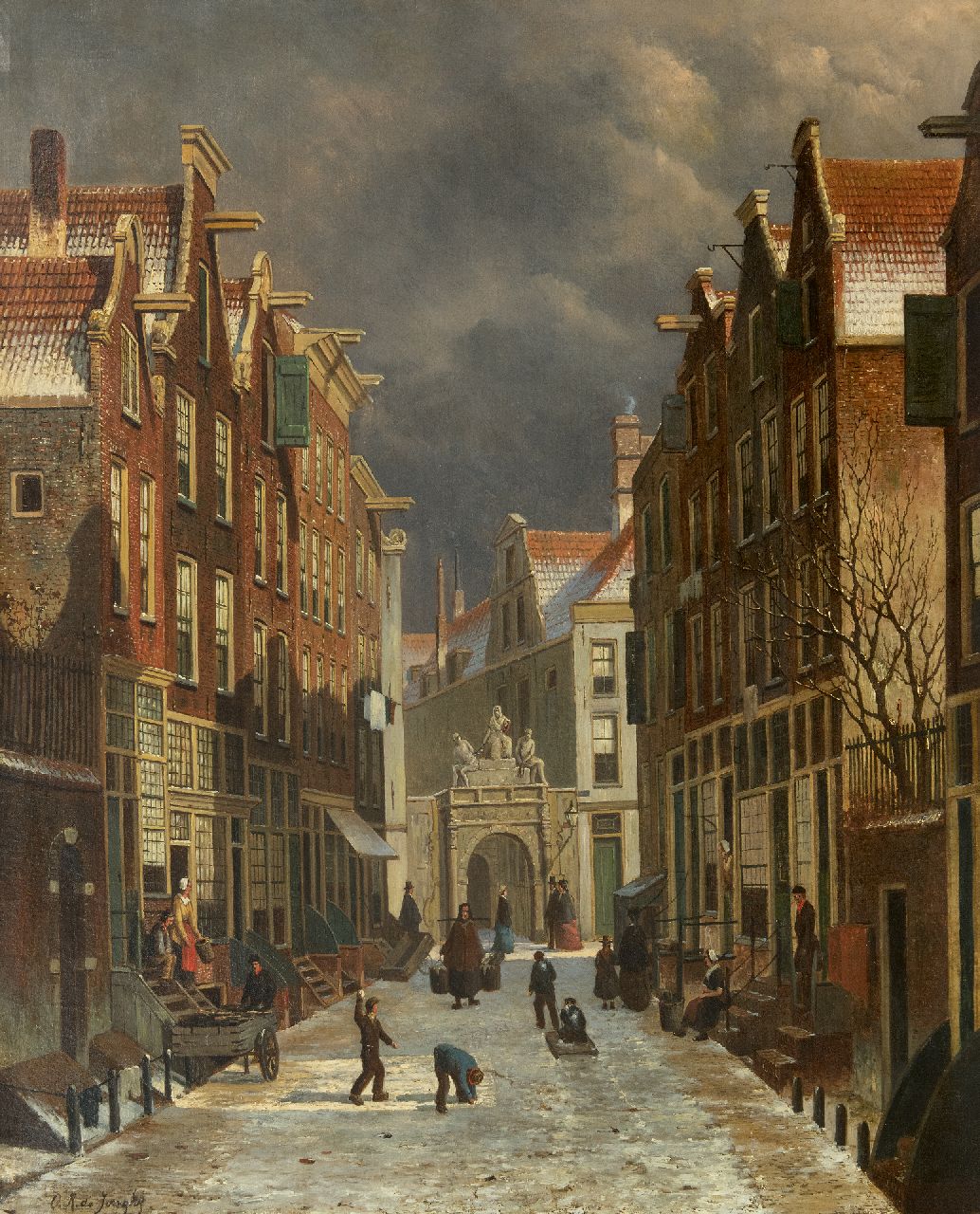 Jongh O.R. de | Oene Romkes de Jongh, View on the Voetboogstraat with the Rasphuispoort, Amsterdam, oil on canvas 86.8 x 70.4 cm, signed l.l.