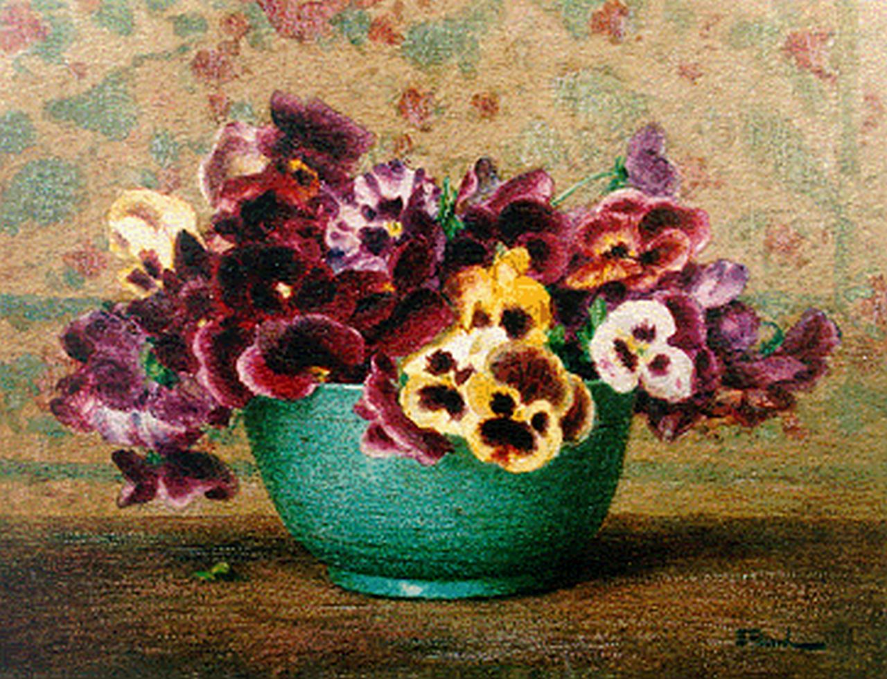 Filliard E.  | Ernest Filliard, Violets in a green bowl, watercolour on paper 26.0 x 34.0 cm, signed l.r.