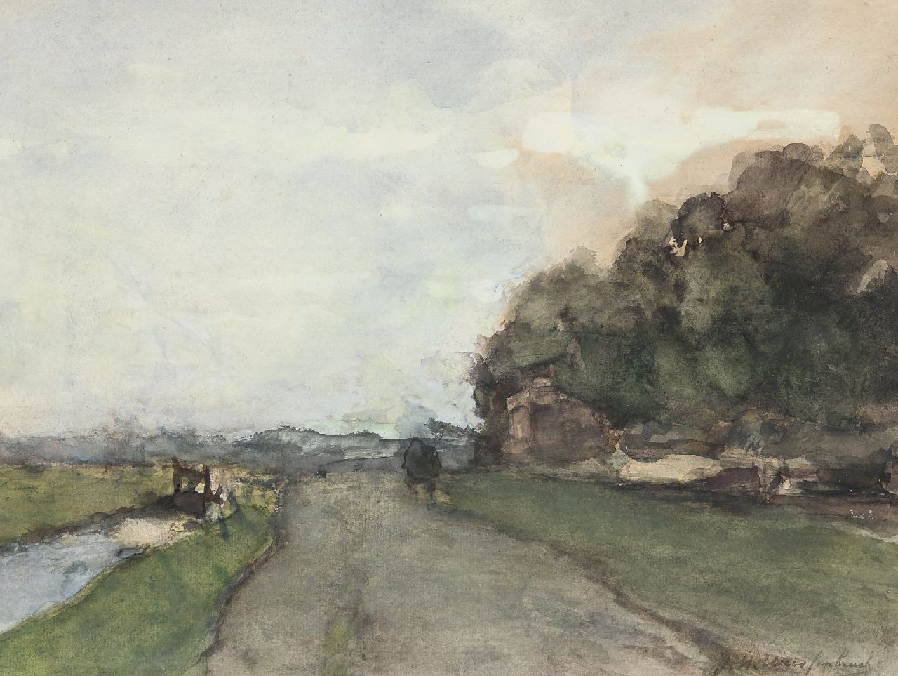Weissenbruch H.J.  | Hendrik Johannes 'J.H.' Weissenbruch | Watercolours and drawings offered for sale | Landscape near 'Cromvliet' along the 'Vliet', Rijswijk; on the reverse: Sailing ship at sea, watercolour on paper 31.9 x 43.0 cm, signed l.r.