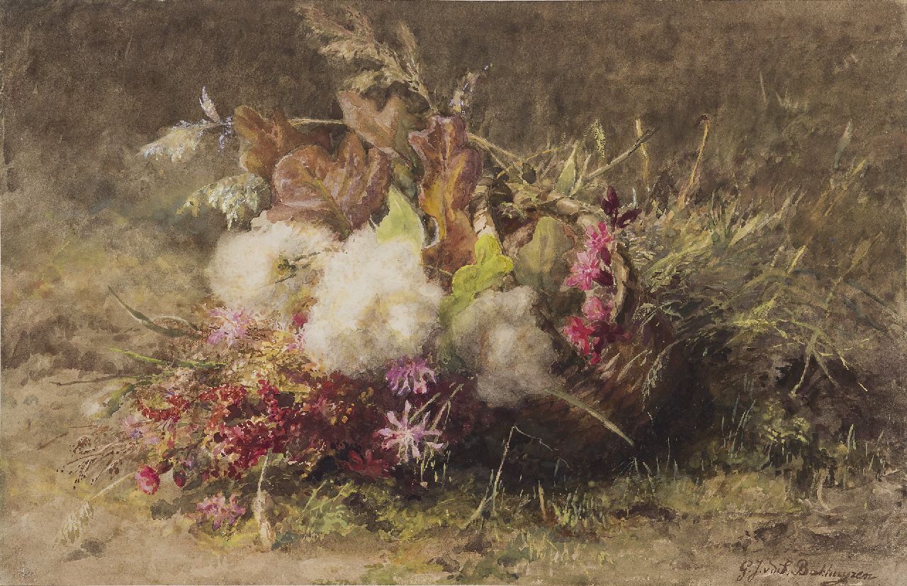 Sande Bakhuyzen G.J. van de | 'Gerardine' Jacoba van de Sande Bakhuyzen | Watercolours and drawings offered for sale | Autumn flowers in a basket on the forest soil, watercolour on paper 33.8 x 52.3 cm, signed l.r.