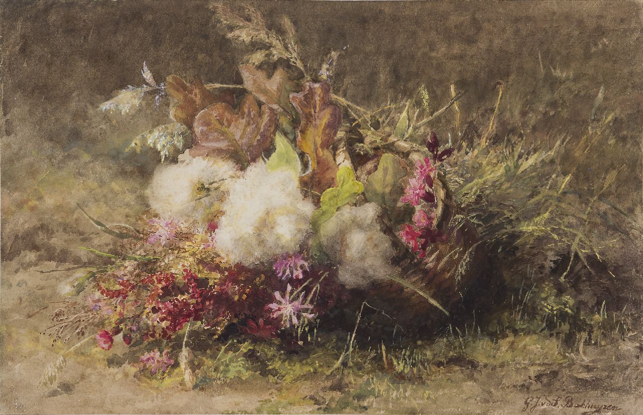 Sande Bakhuyzen G.J. van de | 'Gerardine' Jacoba van de Sande Bakhuyzen | Watercolours and drawings offered for sale | Autumn flowers in a basket on the forest soil, watercolour on paper 33.8 x 52.3 cm, signed l.r.