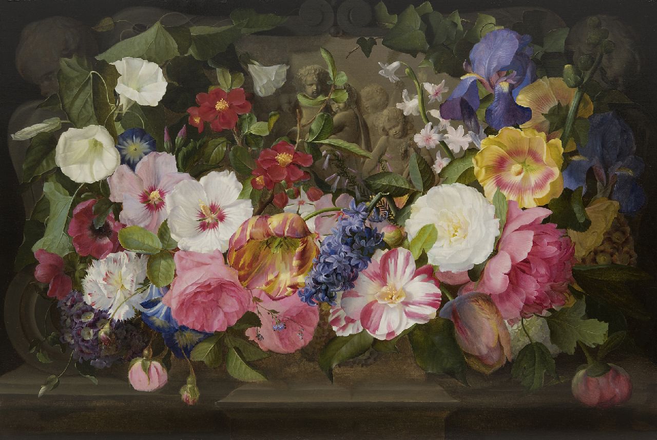 Robie J.B.  | Jean-Baptiste Robie, Flower still life on a marble ledge, oil on panel 44.0 x 64.5 cm, signed lower left and painted ca. 1845