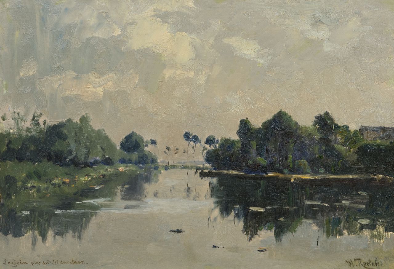 Roelofs W.  | Willem Roelofs | Paintings offered for sale | The river Gein near the Velderslaan, Abcoude - Mondriaan avant la lettre, oil on canvas laid down on panel 30.3 x 44.0 cm, signed l.r. and dated 'Juillet' 1881 on the reverse