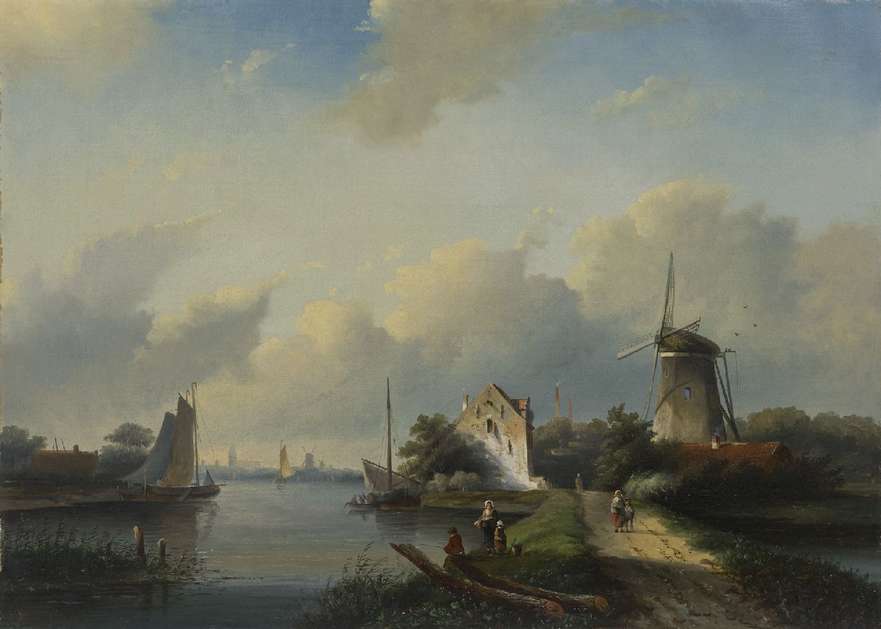 Spohler J.J.  | Jan Jacob Spohler | Paintings offered for sale | A summer landscape with figures near a river, oil on canvas 56.6 x 78.4 cm, signed l.l.