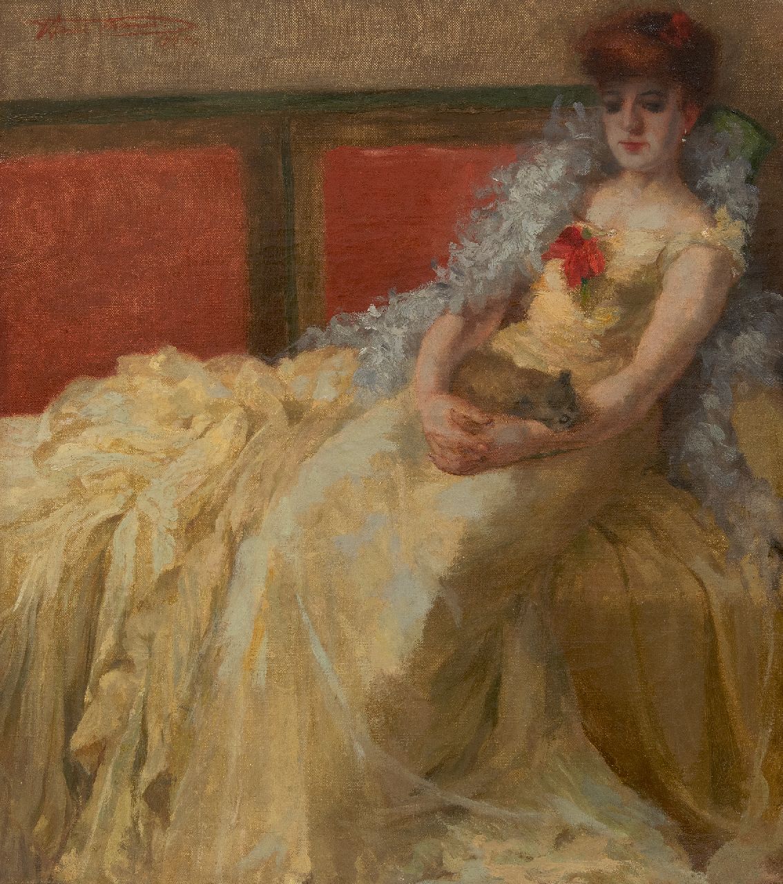 Thomas H.J.  | Henri Joseph Thomas | Paintings offered for sale | Woman in a ball gown with a dog on her lap, oil on canvas 56.9 x 50.5 cm, signed u.l. and dated 1924