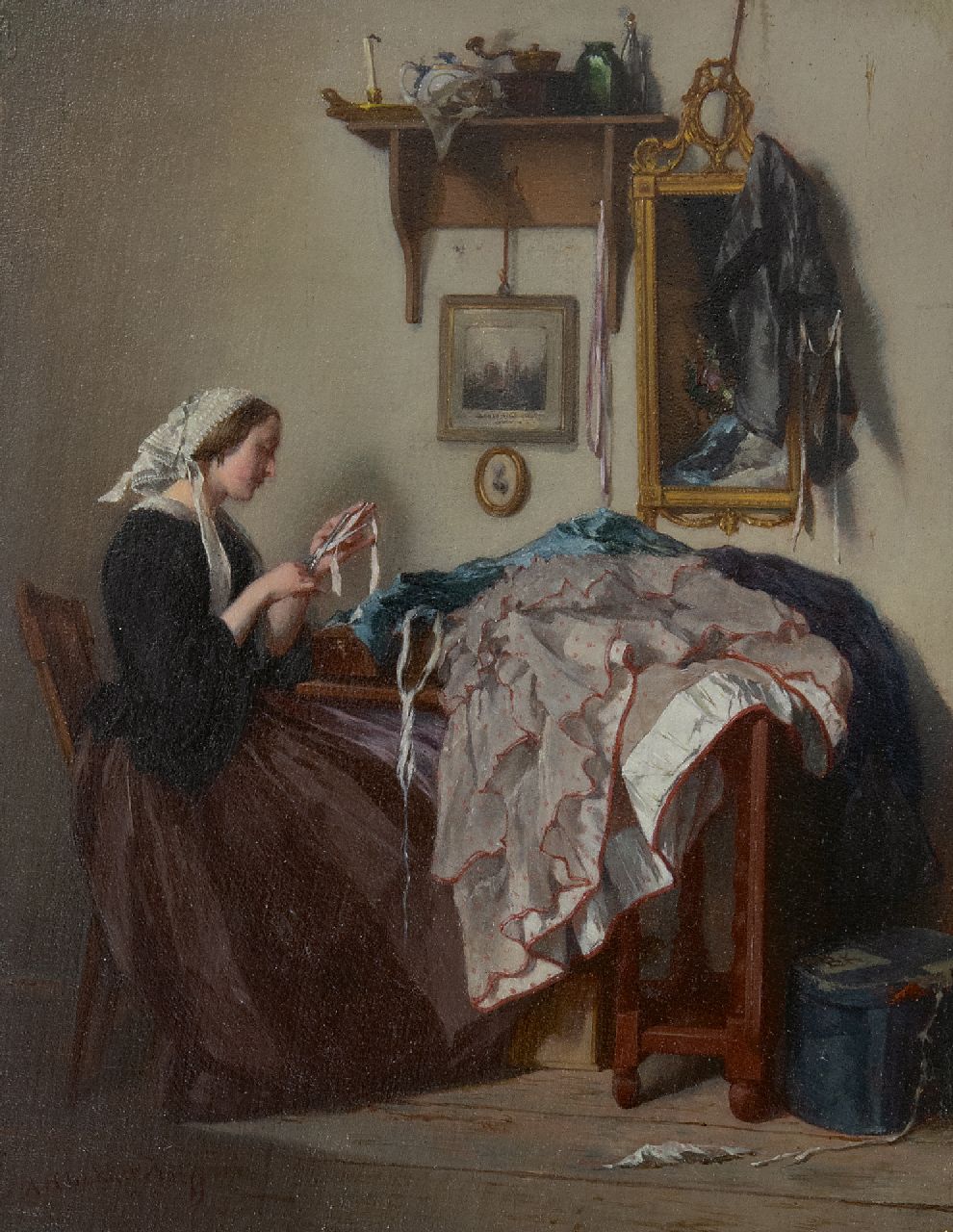 Bakker Korff A.H.  | Alexander Hugo Bakker Korff | Paintings offered for sale | The young seamstress, oil on panel 18.5 x 14.4 cm, signed l.l. and painted ca. 1864