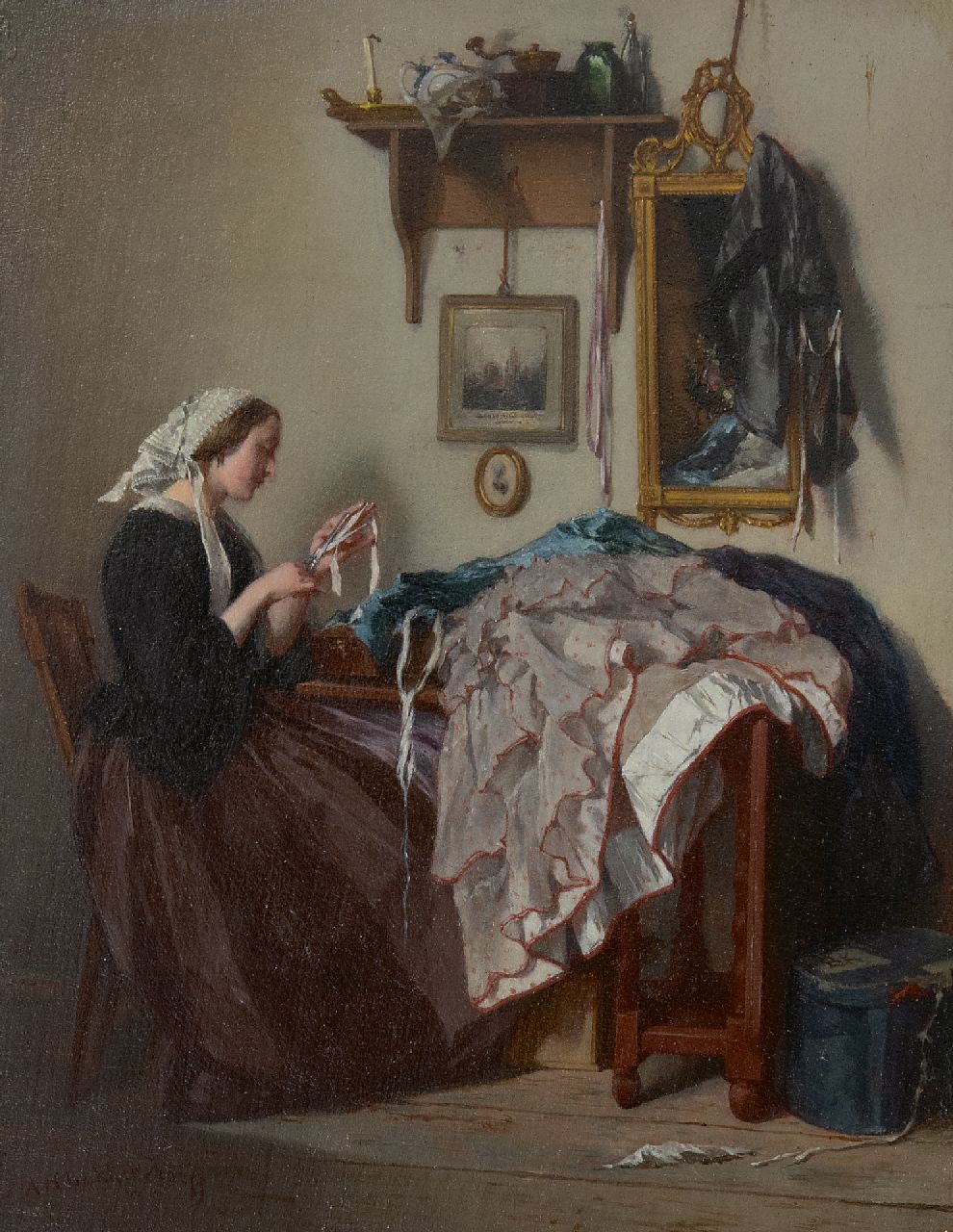 Bakker Korff A.H.  | Alexander Hugo Bakker Korff, The young seamstress, oil on panel 18.5 x 14.4 cm, signed l.l. and painted ca. 1864