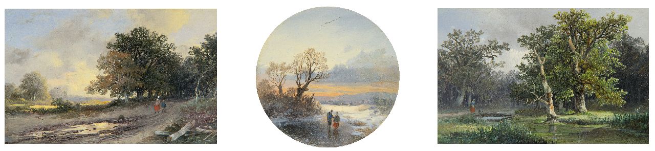 Haanen R.A.  | Remigius Adrianus Haanen | Paintings offered for sale | Three landscapes: Summer landscape - Figures on the ice - Wooded landscape, oil on tin 8.0 x 12.3 cm, signed l.r. (2) and l.l. (1) with monogram