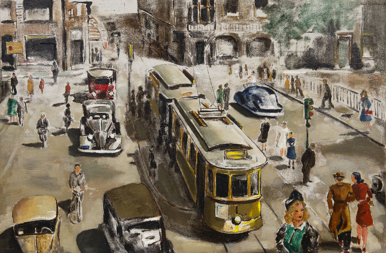 Pierre van Ierssel | A busy Leidsestraat in Amsterdam, oil on panel, 72.3 x 109.4 cm, signed u.r. and dated '47