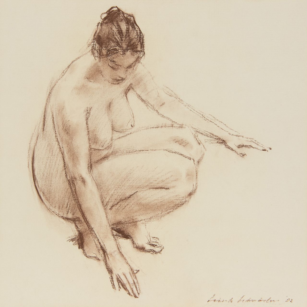 Schröder S.C.  | 'Sierk' Carl Schröder | Watercolours and drawings offered for sale | Crouched nude, chalk on paper 35.8 x 35.8 cm, signed l.r. and dated '82