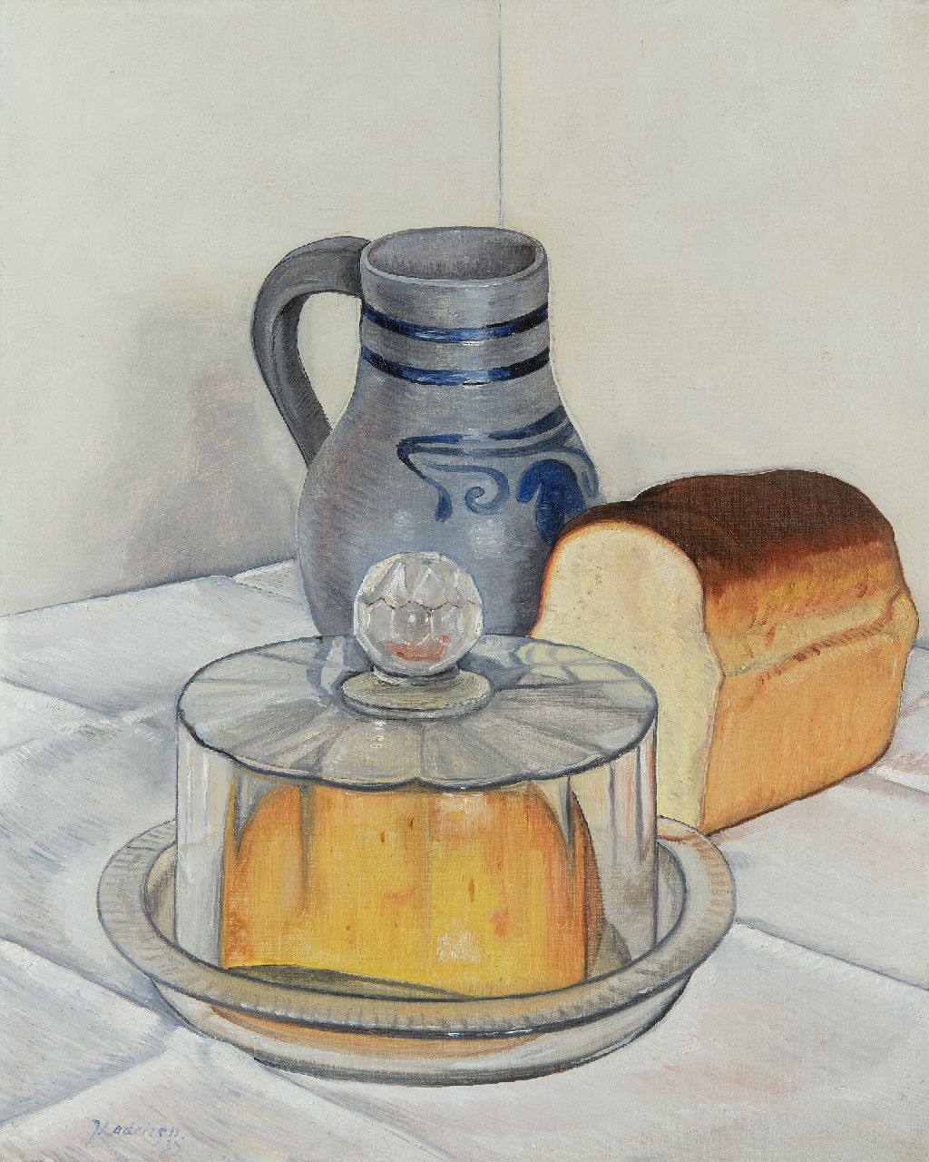 Lodeizen J.  | Johannes 'Jo' Lodeizen, Still life with jug, white bread and cheese under a bell jar, oil on canvas 50.4 x 40.2 cm, signed l.l. and dated '33