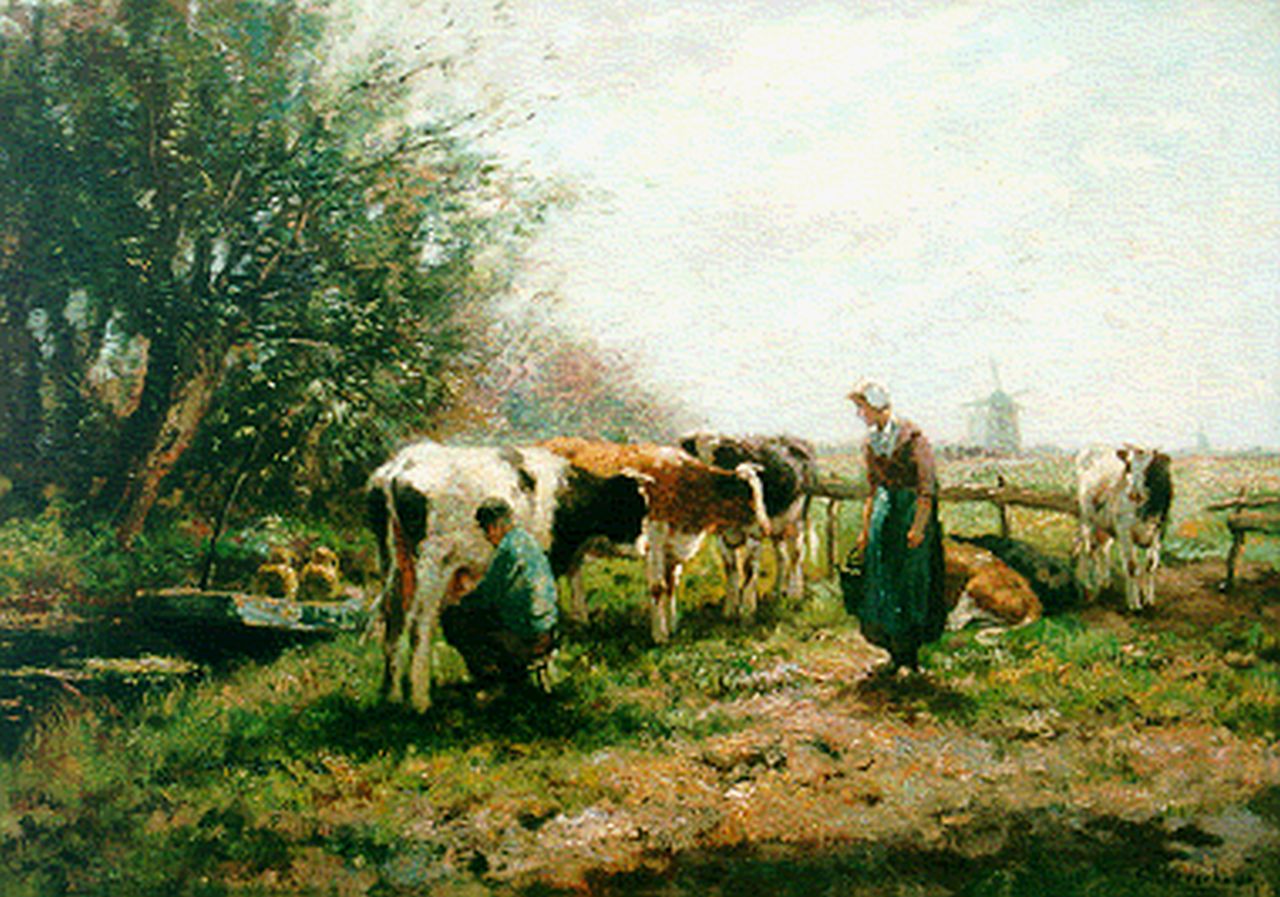 Bouter C.W.  | Cornelis Wouter 'Cor' Bouter, Milking time, oil on canvas 50.5 x 70.6 cm, signed l.r.