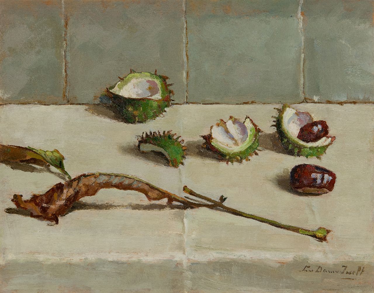 Dam van Isselt L. van | Lucie van Dam van Isselt, Still life of chestnuts, oil on panel 31.7 x 40.1 cm, signed l.r.