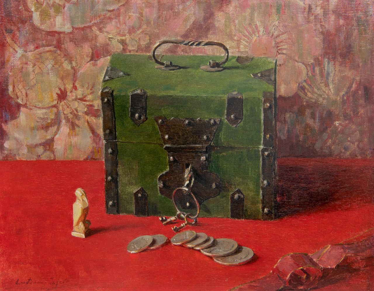 Dam van Isselt L. van | Lucie van Dam van Isselt | Paintings offered for sale | Still life with a green money box, oil on panel 31.1 x 39.5 cm, signed l.l.