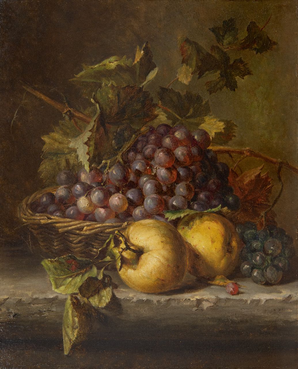 Haanen A.J.  | 'Adriana' Johanna Haanen | Paintings offered for sale | Stilllife with grapes in a wicker basket, oil on panel 44.0 x 35.7 cm, signed indistincty l.r. and without frame