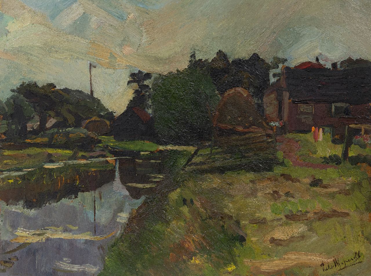 Wijngaerdt P.T. van | Petrus Theodorus 'Piet' van Wijngaerdt | Paintings offered for sale | Farm in Amstelveen, oil on panel 37.4 x 49.7 cm, signed l.r. and dated on the reverse 1907