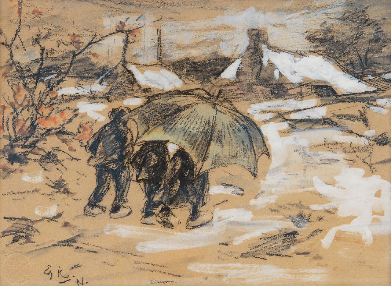 Koning E.W.  | 'Edzard' Willem Koning | Watercolours and drawings offered for sale | Peasant children under an umbrella, crayon and watercolour on paper 17.8 x 24.2 cm, signed l.l. with initials