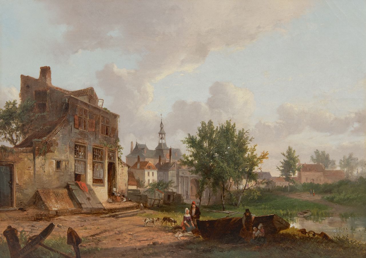 Pelgrom J.  | Jacobus Pelgrom, The outskirts of a Dutch town, oil on canvas 44.2 x 63.1 cm, signed l.l.