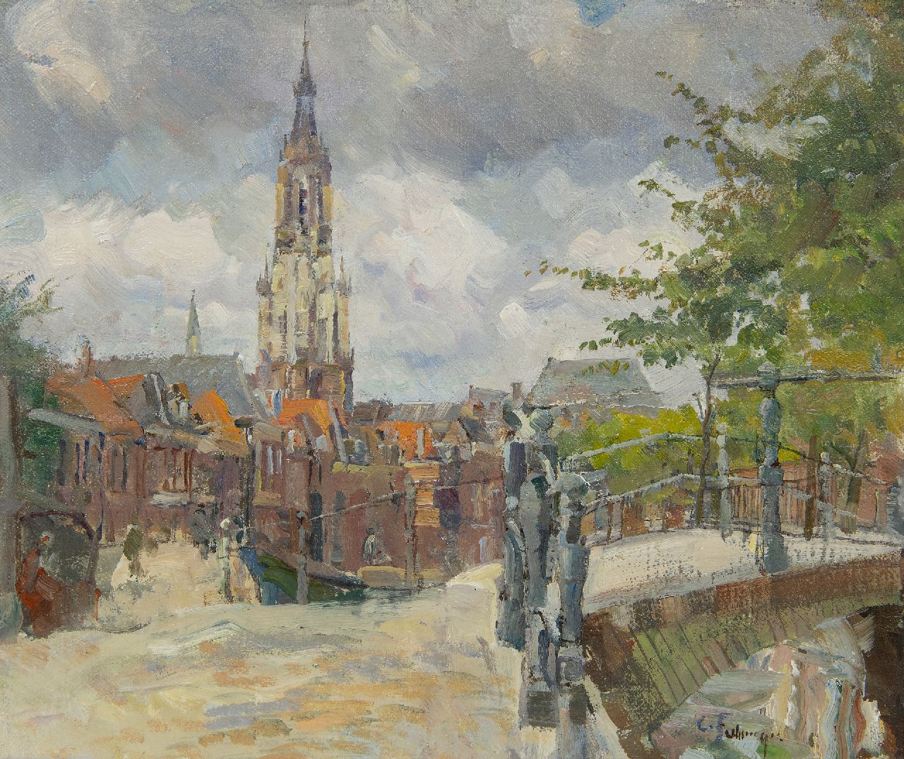 Fahringer C.  | Carl Fahringer | Paintings offered for sale | View on the Nieuwe Kerk, Delft, oil on canvas laid down on board 29.9 x 34.9 cm, signed l.r.