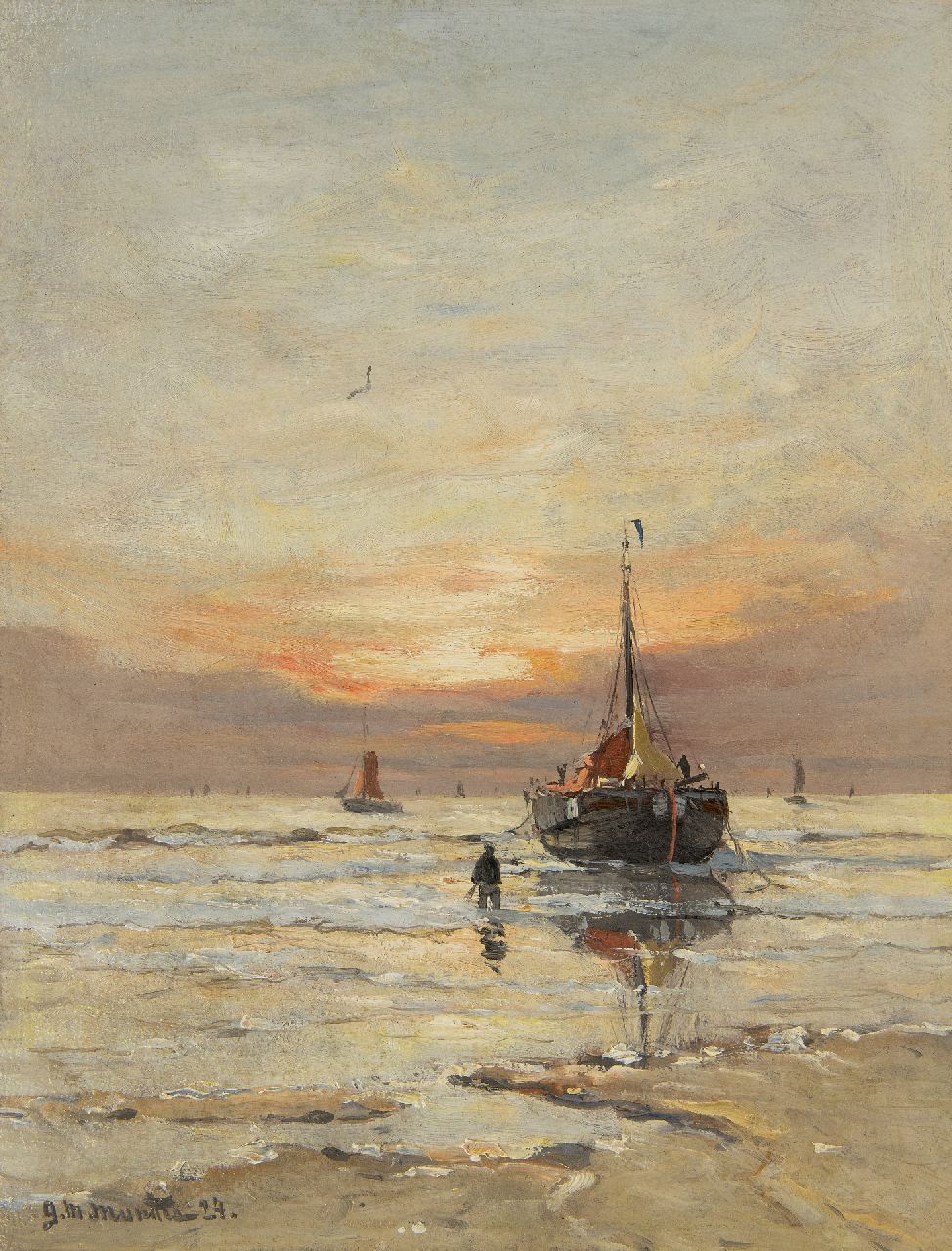 Munthe G.A.L.  | Gerhard Arij Ludwig 'Morgenstjerne' Munthe, Bomschuit in the surf at sunset, oil on painter's board 34.8 x 26.8 cm, signed l.l. and dated '24
