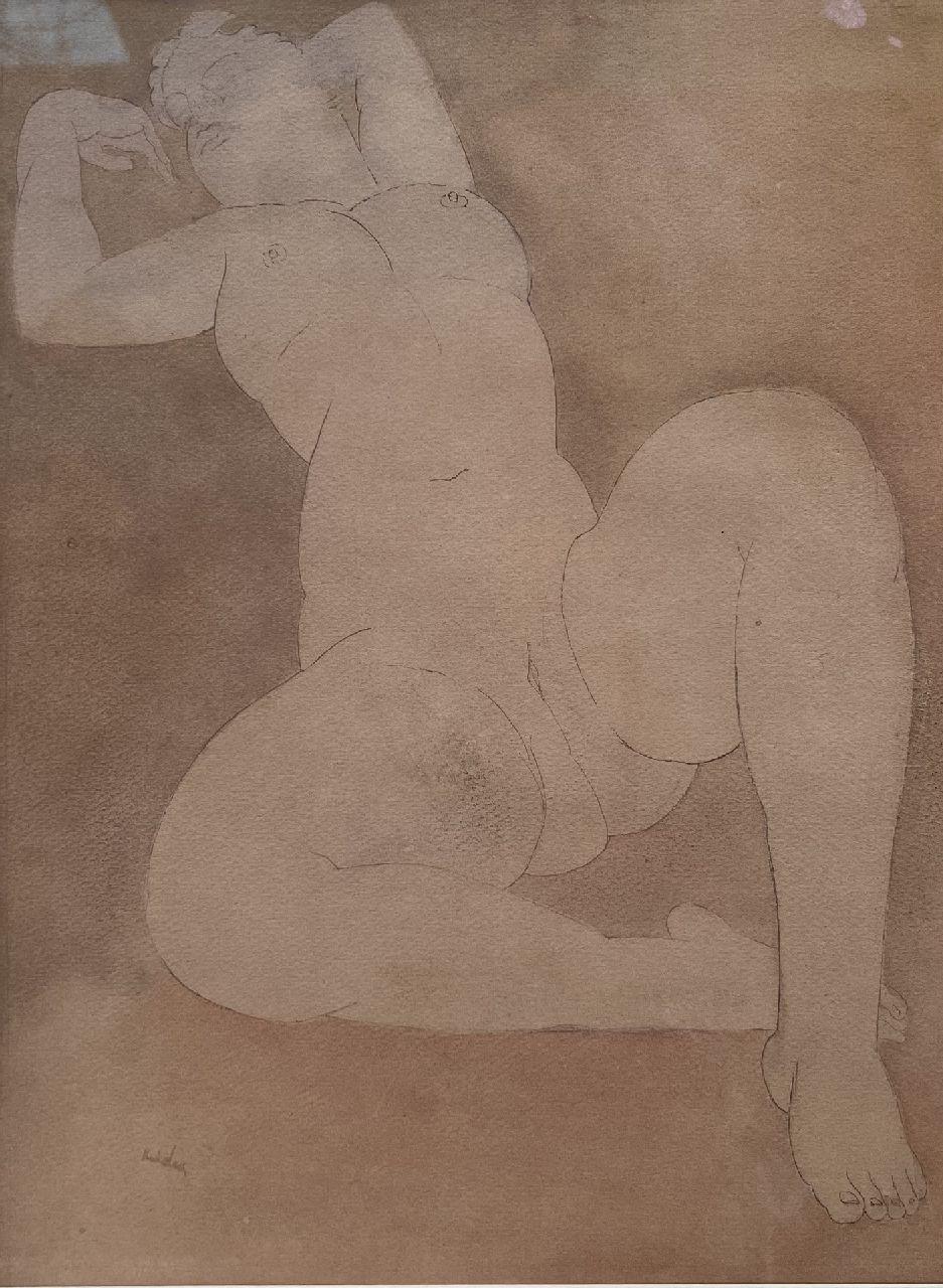 Kelder A.B.  | Antonius Bernardus 'Toon' Kelder | Watercolours and drawings offered for sale | Reclining female nude, pen, ink, chalk and watercolour on paper 33.7 x 25.2 cm, signed l.l.