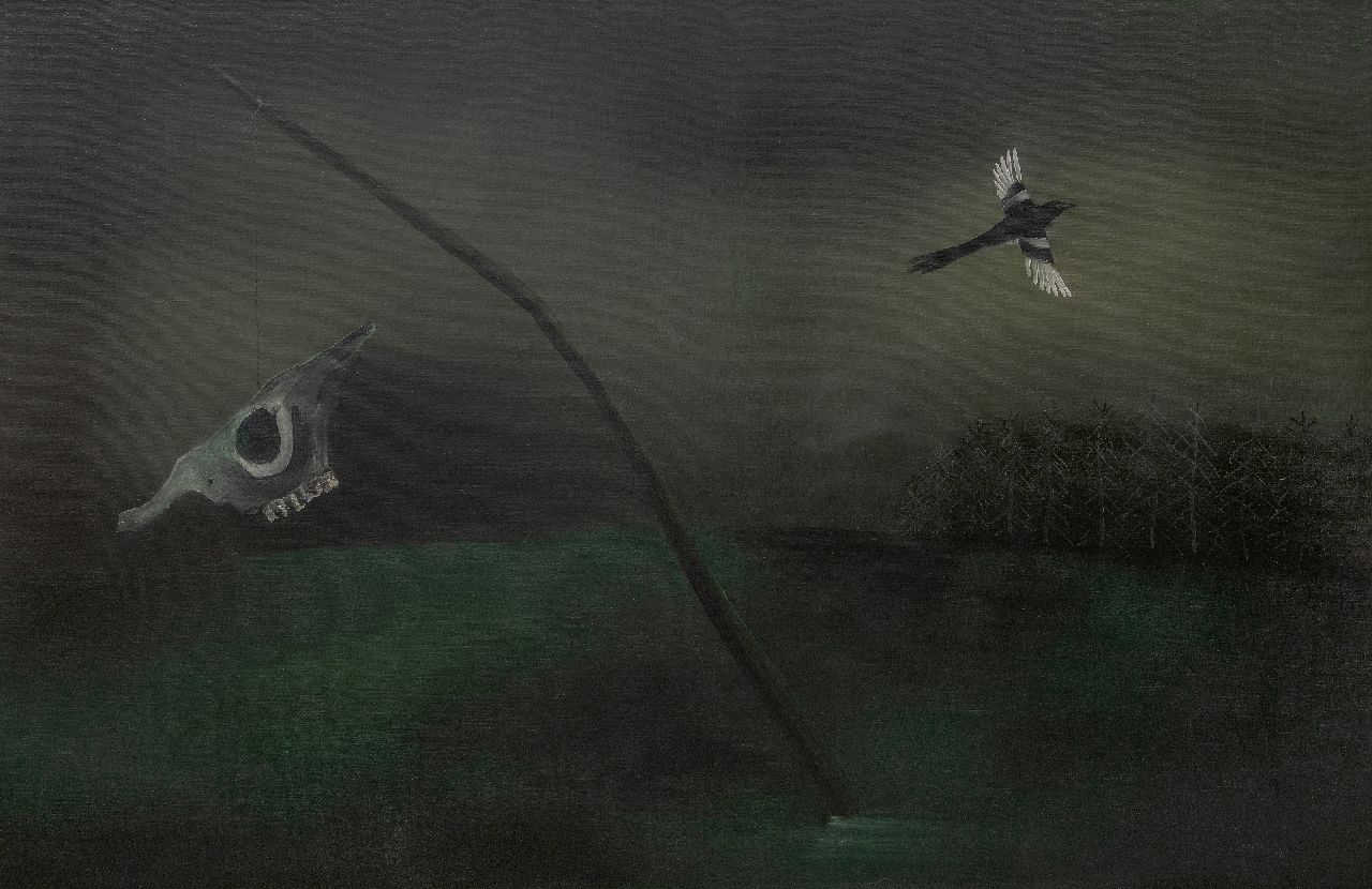 Doorn M.J. van | Martinus Jacob 'Tinus' van Doorn | Paintings offered for sale | Skull with magpie, oil on canvas 105.6 x 150.6 cm, signed l.r. with initials and dated '36