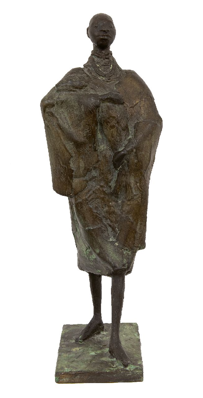 Josje van Riemsdijk | Masai man with a fish, bronze, 39.0 x 13.5 cm, signed on the base and executed ca. 1980