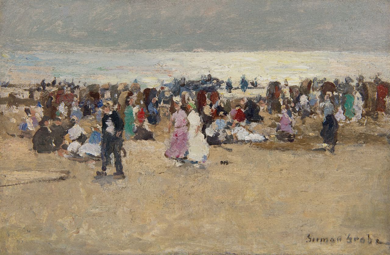 Grobe P.G.  | Philipp 'German' Grobe, Colourful gathering on the beach of Katwijk, oil on panel 23.9 x 36.0 cm, signed l.r.