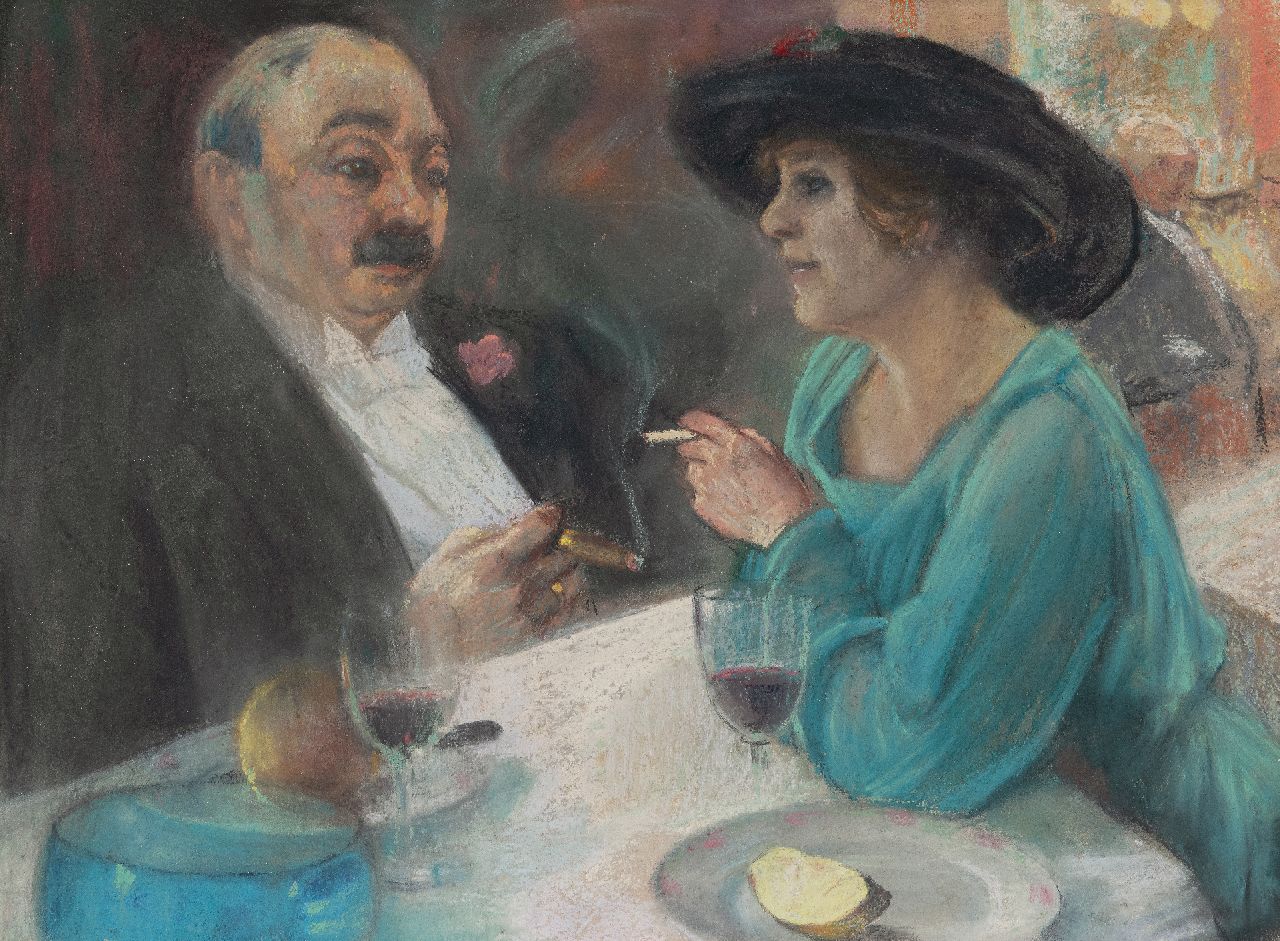 Onbekend   | Onbekend | Watercolours and drawings offered for sale | Man and woman in a cafe, pastel on paper 35.5 x 47.6 cm