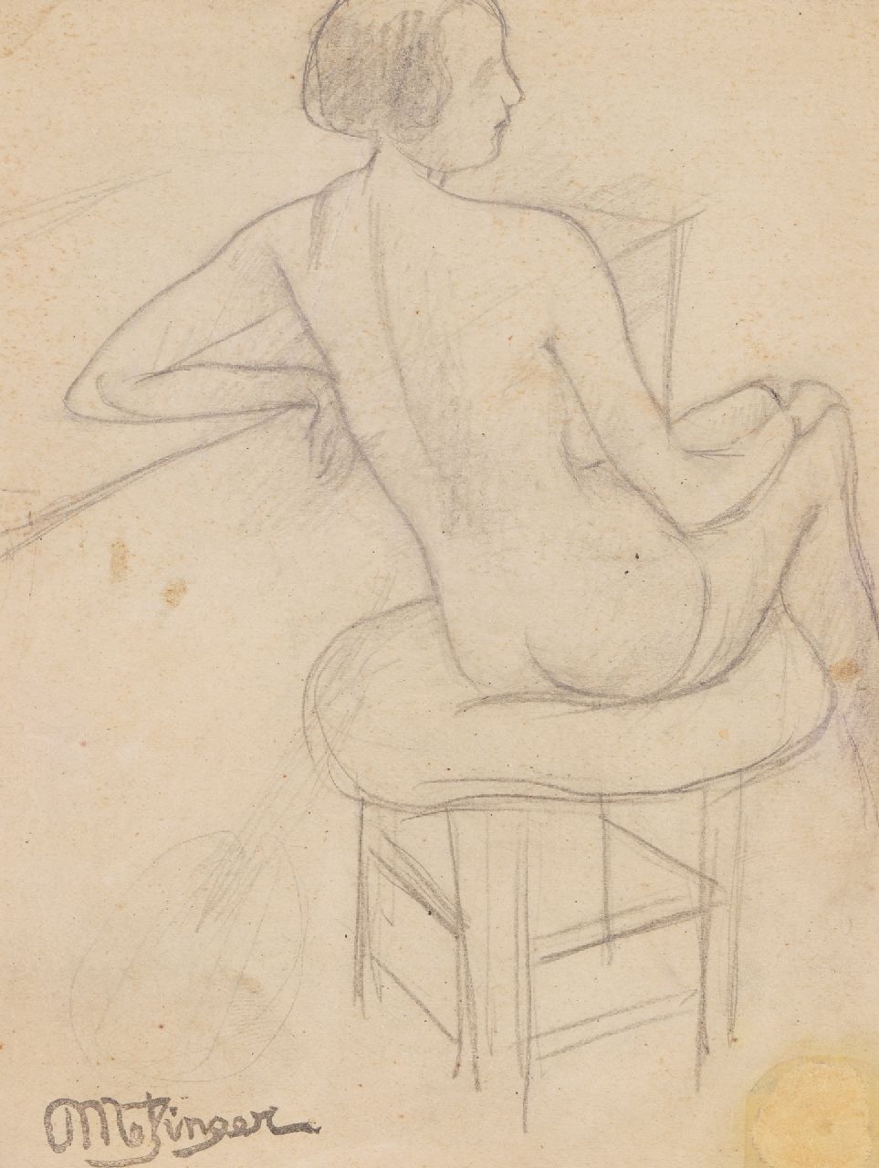 Metzinger J.D.A.  | 'Jean' Dominique Antony Metzinger, Etude d'une femme nue assise; on the reverse: Guitarist, pencil on paper 15.5 x 11.0 cm, signed 
l.l. and on the reverse with the artists stamp