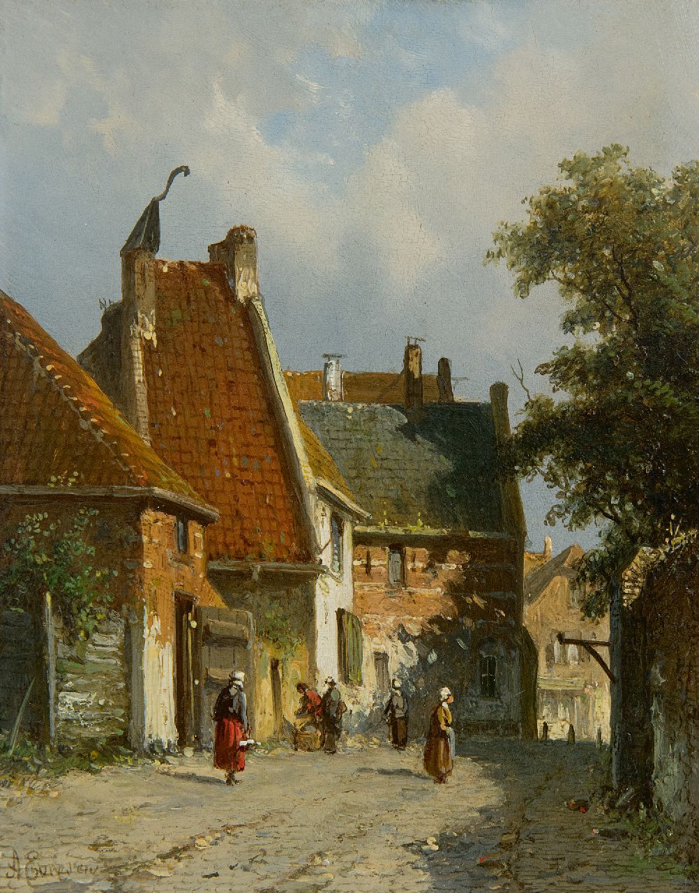 Eversen A.  | Adrianus Eversen, Sunny village street, oil on panel 19.1 x 14.9 cm, signed l.l.