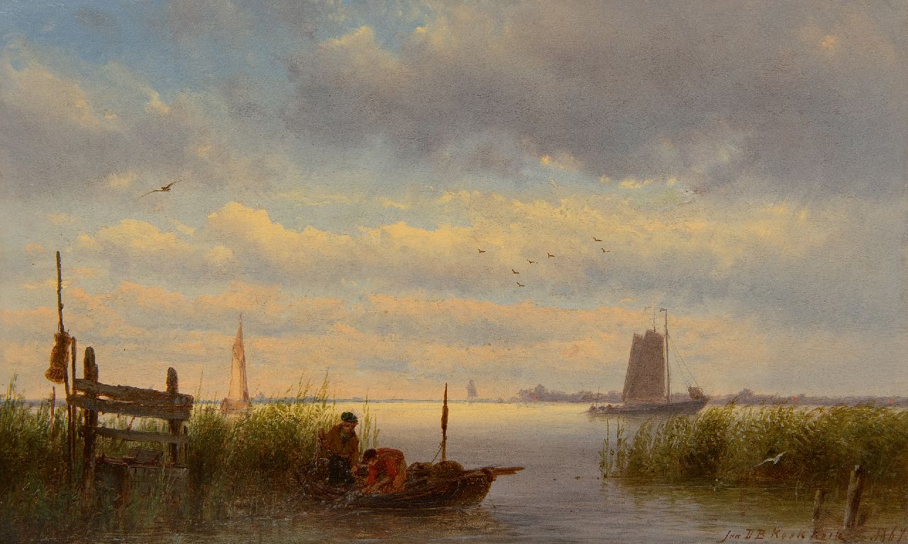 Koekkoek J.H.B.  | Johannes Hermanus Barend 'Jan H.B.' Koekkoek | Paintings offered for sale | A river view with two fishermen bringing in their nets, oil on panel 20.2 x 33.5 cm, signed l.r. and dated 1876