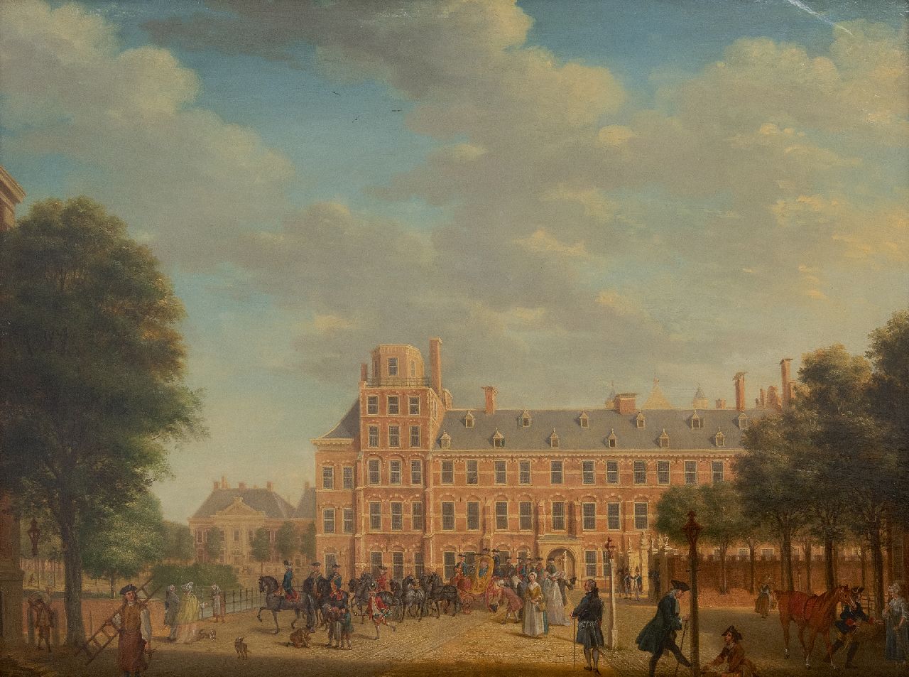 Haag T.P.C.  | Tethard Philipp Christian Haag, A view in The Hague, with Prince William V leaving the Palace, oil on panel 49.8 x 66.4 cm