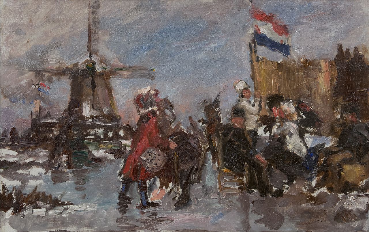 Roelofs O.W.A.  | Otto Willem Albertus 'Albert' Roelofs | Paintings offered for sale | Skaters at the koek-en-zopie, oil on canvas 39.8 x 60.3 cm, painted 1899