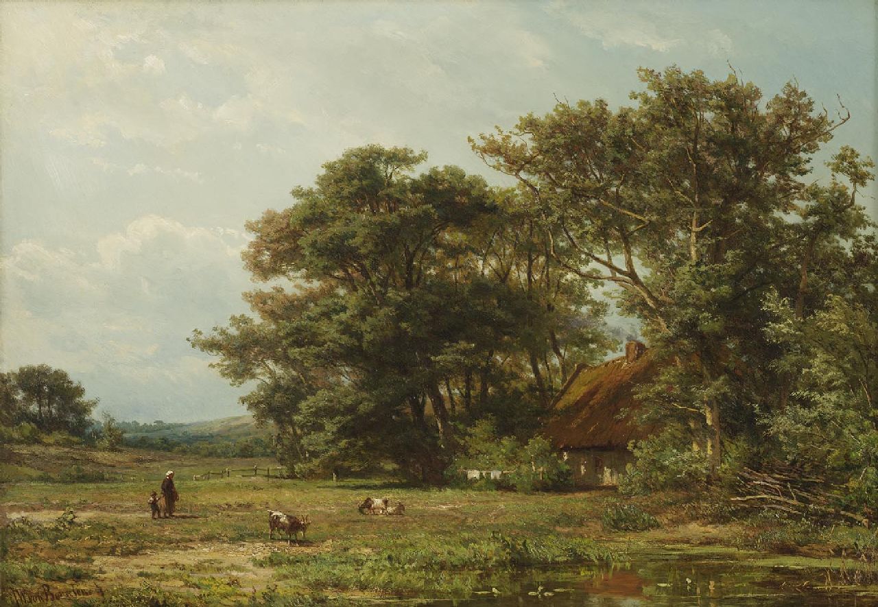 Borselen J.W. van | Jan Willem van Borselen | Paintings offered for sale | Figures by a farm in a wooded landscape, oil on panel 37.5 x 53.5 cm, signed l.l.