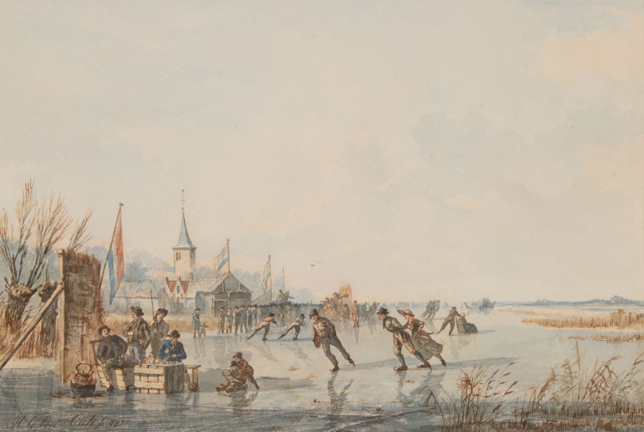Cate H.G. ten | Hendrik Gerrit ten Cate | Watercolours and drawings offered for sale | Gathering at a skating competition, ink and watercolour on paper 19.4 x 27.7 cm, signed l.l. and dated 1832